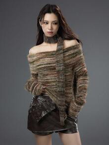 Bloopia Bohemian Style Asymmetrical Colorblock Women's Autumn/Winter Halloween New Sexy Tassel Scarf Two Pieces Mixed Textile Yarn One-Shoulder Turndown Collar Long Sleeve Pullover Knit Top - Olive Green - View 3