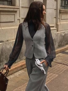 DAZY 2 件套女士人字纹羊毛 V 领无袖背心夹克和阔腿裤休闲套装，秋冬 - 灰色 - 查看 7