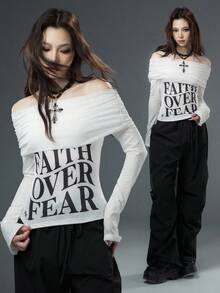 Bloopia 休闲时尚百搭女装秋冬万圣节图案字母印花网眼拼接露肩修身针织上衣 - 白色 - 查看 1