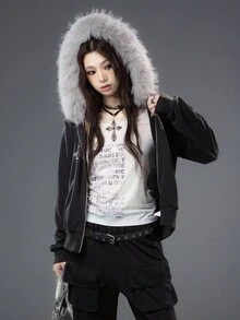 Bloopia韩国街头亚文化休闲时尚个性焕新女装秋冬万圣节新款星星水钻拼接宽松拉链连帽外套 - 黑色 - 查看 6