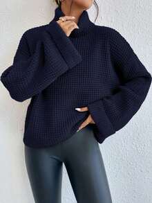 EMERY ROSE Women's Casual Solid Color Crew Neck Long Sleeve Sweater - Navy Blue - View 3