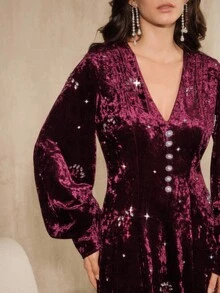 Luxury Rhinestone Embroidered Floral Velvet V-Neck Maxi Dress, Elegant For Fall, Winter, New Year, Party, Wedding - Multicolor - View 4