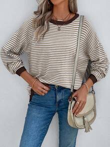 SHEIN LUNE 条纹撞色落肩毛衣 - 卡其色 - 查看 6