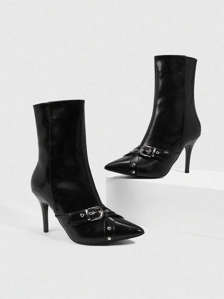 CUCCOO SZL Women's Pointed Toe Stiletto Buckle Sexy Elegant Fashion Mid-Calf Boots