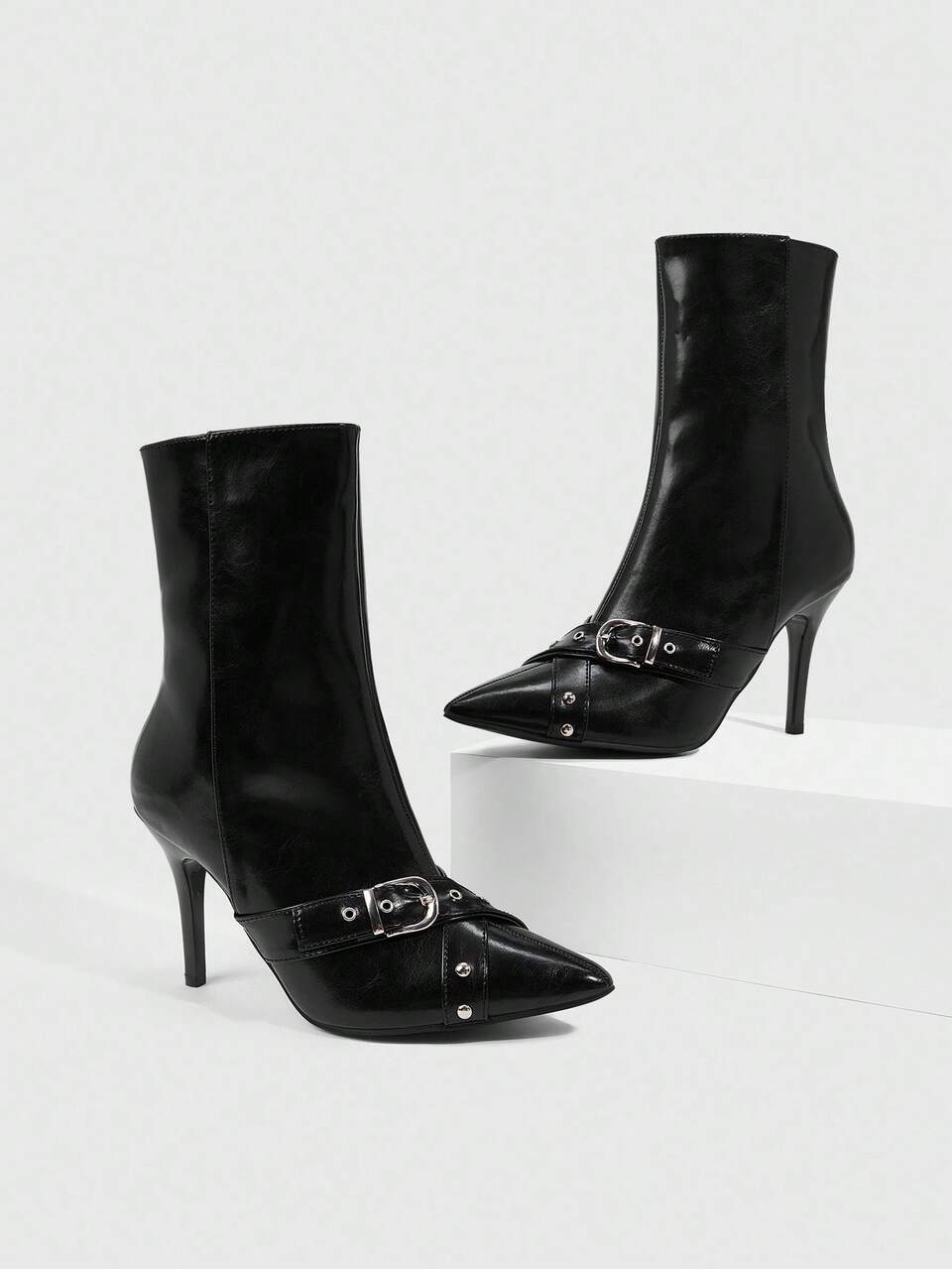 CUCCOO SZL Women's Pointed Toe Stiletto Buckle Sexy Elegant Fashion Mid-Calf Boots