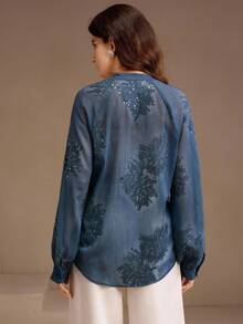 Anewsta 宽松半透明 V 领刺绣长袖衬衫，饰有彩色亮片细节，彰显女性优雅的办公室风格