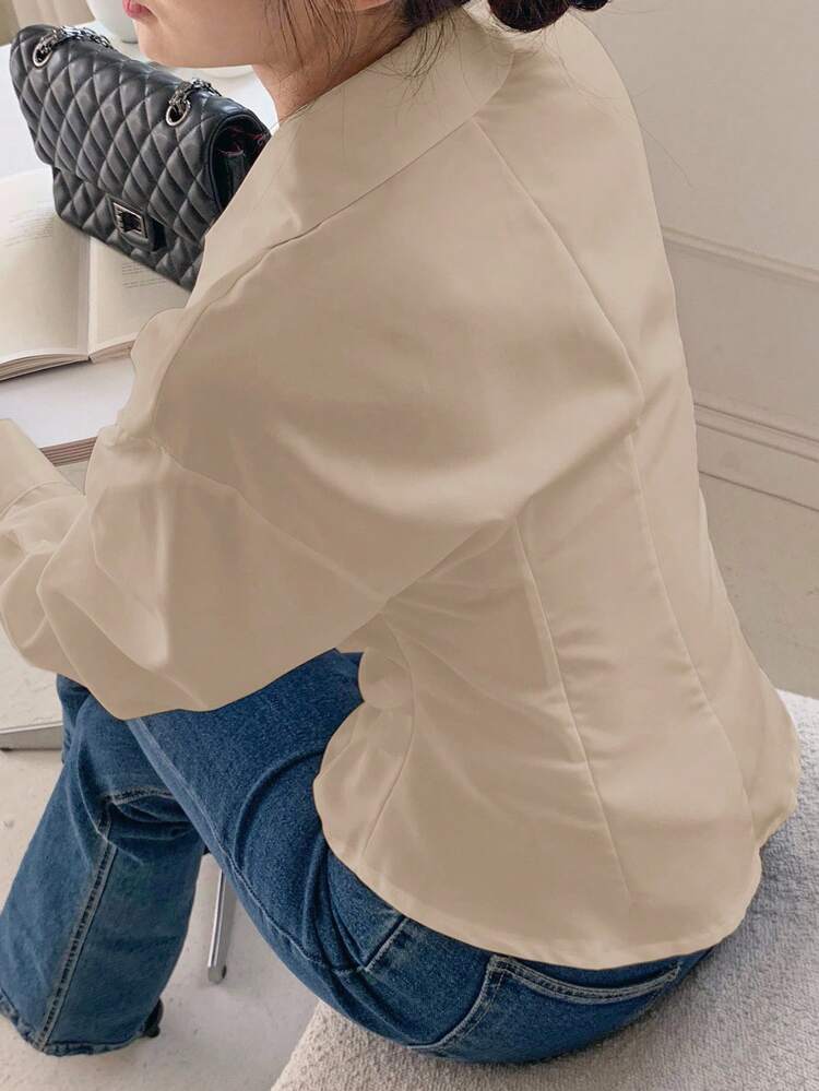 女式纯色 V 领衬衫，白色，春夏长袖上衣 - 杏色 - 查看 2