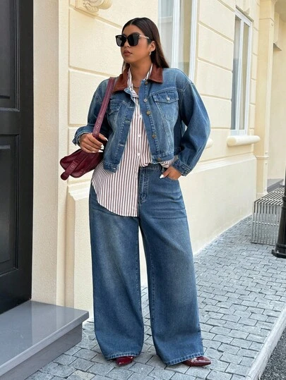 SHEIN ICON Plus Size Women Casual Street Denim Jacket, Autumn/Winter