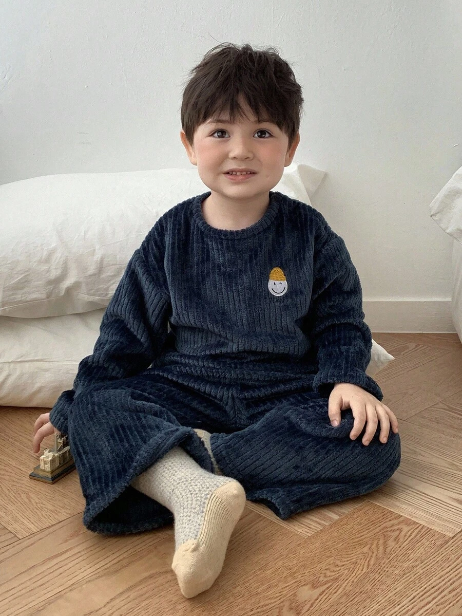 DAZY 2pcs/Set Baby Boys' Comfortable Casual Homewear Set, Round Neck Fall,Winter Thermal Lined Toddler - Navy Blue - View 1