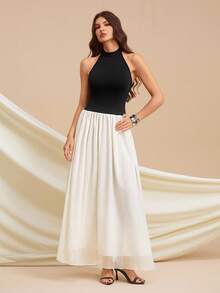 SHEIN Tall 女式无袖撞色休闲长裙 - 黑與白 - 查看 6
