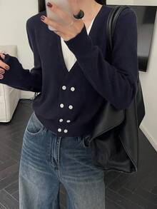 DAZY Cárdigan de mujer con cuello en V, 2 en 1, de color contrastante, con parches, de manga larga y manga corta ajustada - Azul Marino - Ver 6