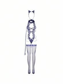 5件套镂空蕾丝紧身衣性感内衣套装 - 寶藍色 - 查看 1