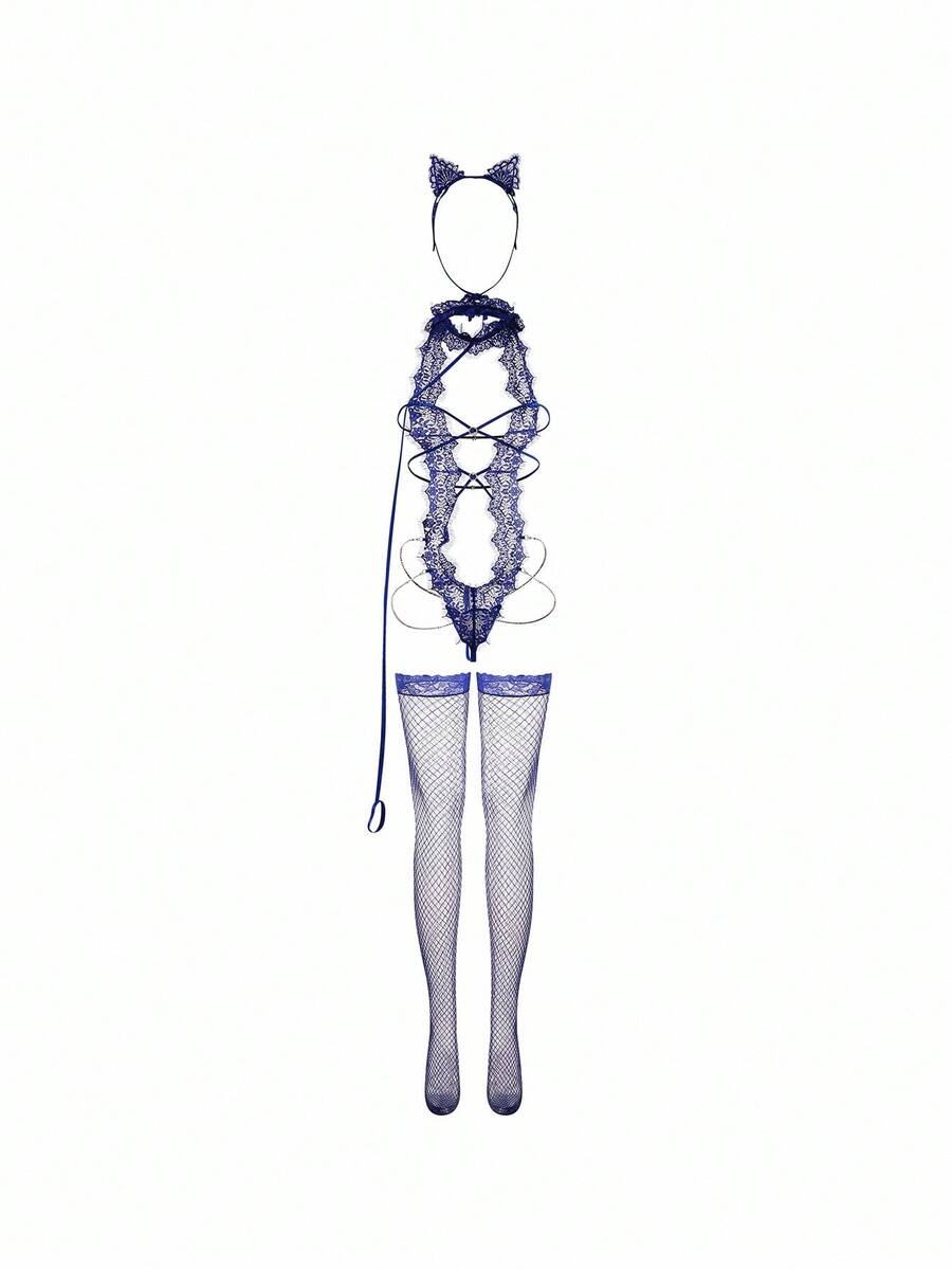 5件套镂空蕾丝紧身衣性感内衣套装 - 寶藍色 - 查看 1