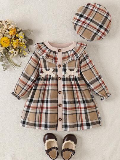 Souflis Souflis 圣诞女婴拼色格子图案荷叶边下摆蝴蝶结装饰连衣裙和帽子套装