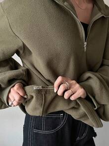 FRIFUL 女式半高领半拉链超大纹理休闲运动衫 - 綠色 - 查看 5