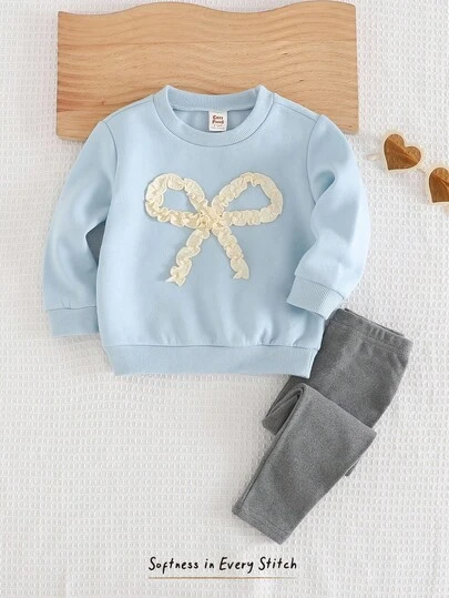 Cozy Pixies 2 件套女婴蝴蝶图案圆领长袖落肩套头衫和松紧腰裤套装