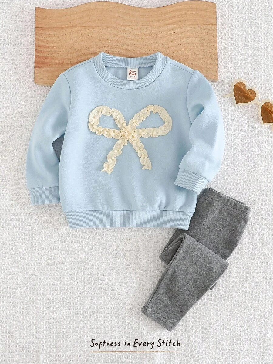 Cozy Pixies 2pcs Baby Girl Butterfly Pattern Round Neck Long Sleeve Drop Shoulder Pullover Top And Elastic Waist Pants Set Fall Winter - Multicolor - View 1
