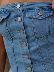 SAYEHFBABY 毛邊下擺鈕扣前筒牛仔上衣 - 淺色水洗藍 - 查看 3