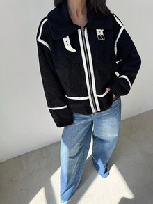 Firerie Abrigo elegante de manga larga con falso pelo y contraste de color para mujer