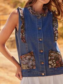 WESTFADE سترة بلا أكمام مزينة بالكشكشة والفرو والأزهار والجينز، ملابس علوية كاجوال وبوهيمي للخريف، ملابس ريفية غربية للحفلات