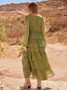 V 领花卉印花雪纺长袖层叠荷叶边开衩超长连衣裙休闲可爱秋季波西米亚风装西部乡村风 - 綠色 - 查看 2