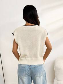 SHEIN PETITE Women's Contrasting Color Trim Round Neck Short Sleeve Casual Versatile Knitted Top Fall Tops,Knitted Sweater - Apricot - View 2