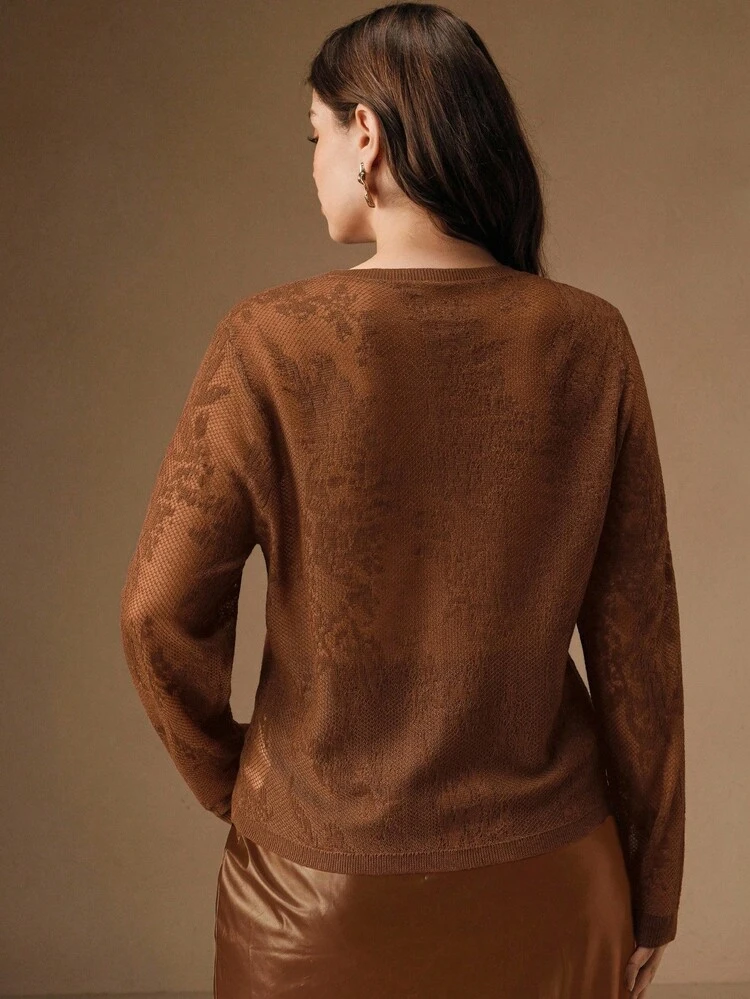 Sheer Openwork Knit Round Neck Sweater, Elegant, Chic, Stylish, Suitable For Fall, Winter, New Year, Christmas, Going Out