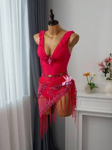 Bellisia 女士纯色细肩带连体泳衣，夏季时尚 - 紅色 - 查看 1