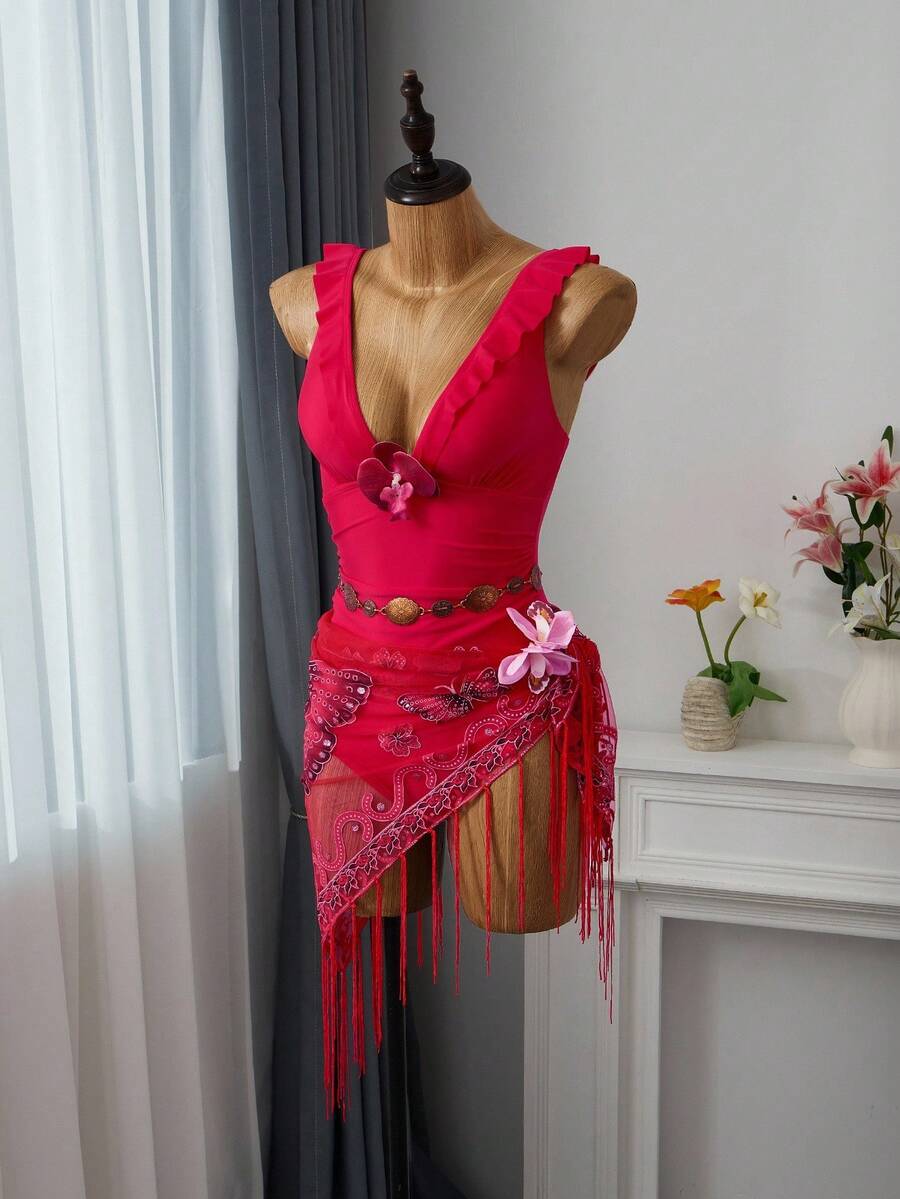 Bellisia 女士纯色细肩带连体泳衣，夏季时尚 - 紅色 - 查看 1