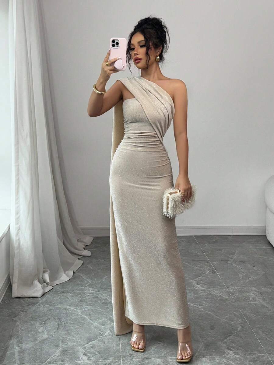 Elenzga Váy cocktail thanh lịch màu mơ mới dành cho nữ, vai bất đối xứng, eo nhún, ôm sát, xẻ sau lưng, vải dệt kim bóng, co giãn, thoải mái, thích hợp cho các buổi hẹn hò, tiệc tùng, ngày lễ tình nhân, dài đến đầu gối - Màu be - Xem 1