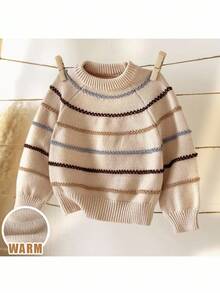 Loomiva 男婴彩色条纹圆领长袖套头毛衣，休闲百搭 - 杏色 - 查看 7