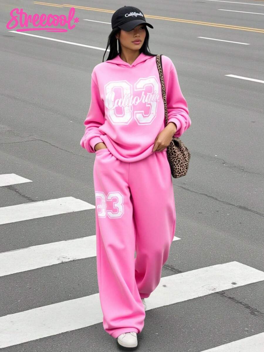 SHEIN Explorewe 2 Stücke/Set Straßen-coole Teenager Mädchen & Teenager Kalifornien Buchstaben & Nummer Grafik Hoodie Sweatshirt und gerade geschnittene Hose, geeignet für Lässig, Sport, Lässig Bekleidung im Herbst/Winter