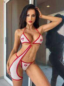 Fantasy Costume 2 件万圣节 Y2K 性感护士服装 - 不对称设计、网眼拼布、十字装饰、撞色、透明紧身衣 + 丁字裤内衣套装 - 白色 - 查看 3