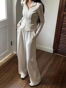 DAZY 女士翻领拉链修身外套和直筒裤两件套休闲套装，女士运动服套装，女士家居服套装 - 米色 - 查看 5