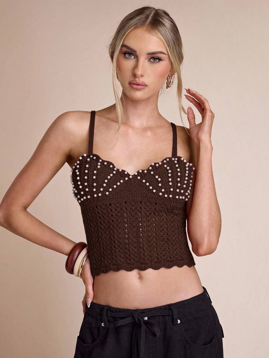 SHEIN BAE 秋冬女款仿珍珠吊带镂空短款针织上衣 - 咖啡棕 - 查看 1