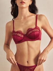 Charlaine 1/2 Cup Lace Patchwork Romantic French Style Underwire Bra For Women - Burgundy - View 6