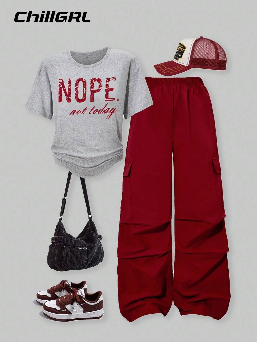 SHEIN Explorewe 2 件套 Tween 女童印花短袖上衣和工装裤春夏休闲街头装 - 彩色 - 查看 1