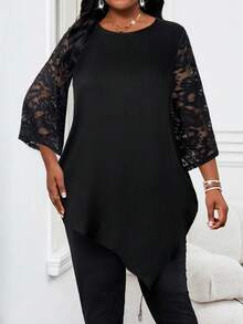 SHEIN Lady 2025新款黑色加大码女式纯色金属圆领七分袖宽松不对称下摆优雅蕾丝荷叶边袖长袖上衣，适合情人节、新年、派对、感恩节、假日外出等场合，时尚百搭。 - 黑色 - 查看 4