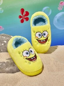 SpongeBob SquarePants | SHEIN Cute Embroidery Cartoon Yellow Children's Non-Slip Indoor Elastic Band Slippers Toddlers & Kids Soft Plush Warm House Shoes, Lightweight And Durable EVA Sole, Unisex For Boys And Girls Home Bedroom Air-Conditioned Room,Spring & Autumn & Winter