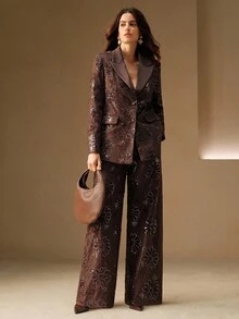 Anewsta Áo khoác blazer công sở thanh lịch đính sequin vai họa tiết - Cà phê nâu - Xem 3