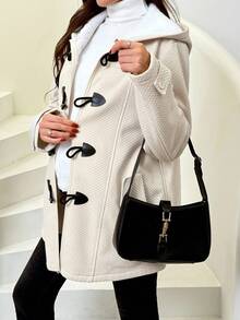 SHEIN 孕妇秋冬喇叭纽扣前长袖连帽羊毛三合一夹克 - 卡其色 - 查看 4