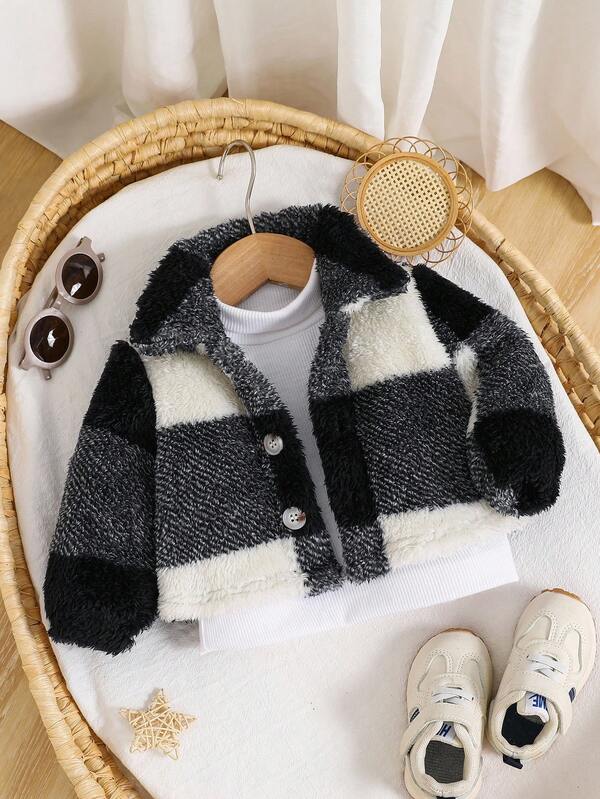 Newborn Baby Boy/Girl Vintage British Style Plaid Fleece Lined Lapel Long Sleeve Jacket, Comfortable & Soft All-Match Versatile For Indoor & Outdoor, Autumn/Winter Fall