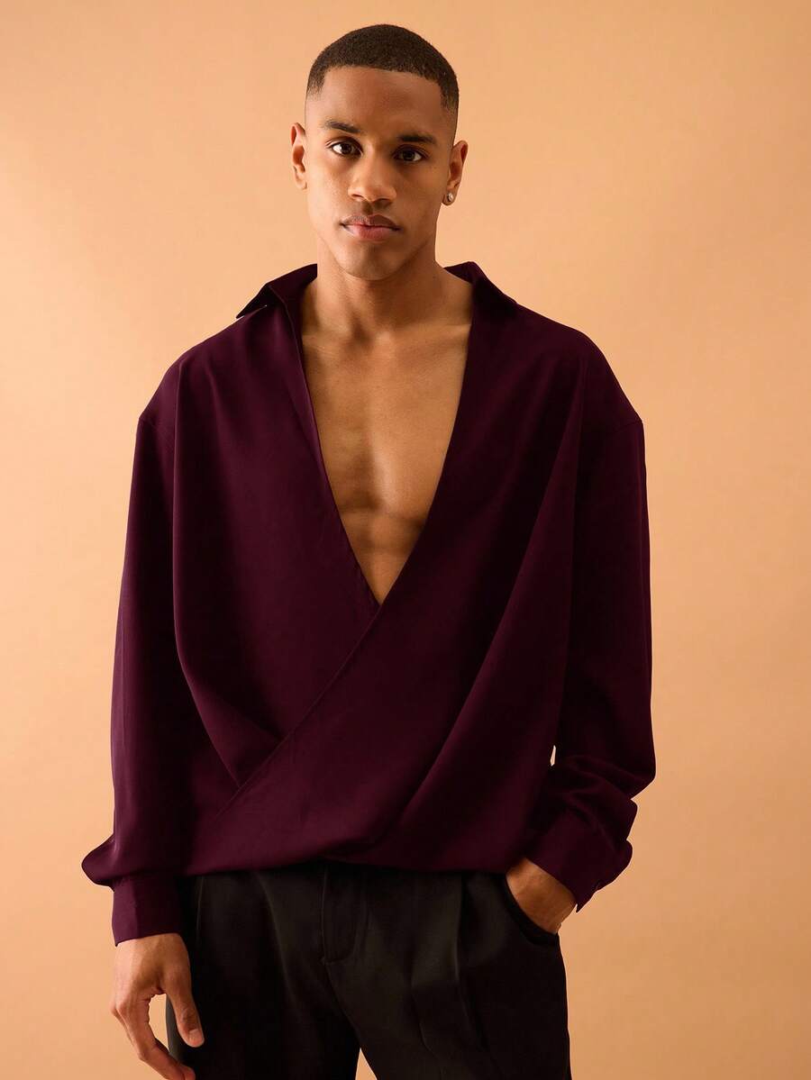 Musero 垂坠雪纺长袖衬衫上衣，夏季时尚街头风度假必备 - 酒紅色 - 查看 1