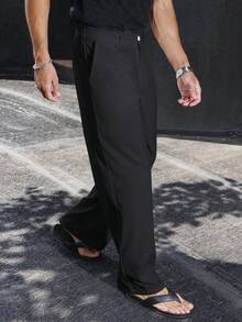 Manfinity Homme Pantalones casuales rectos, suaves y ligeros para hombre, para verano y otoño - Negro - Ver 7