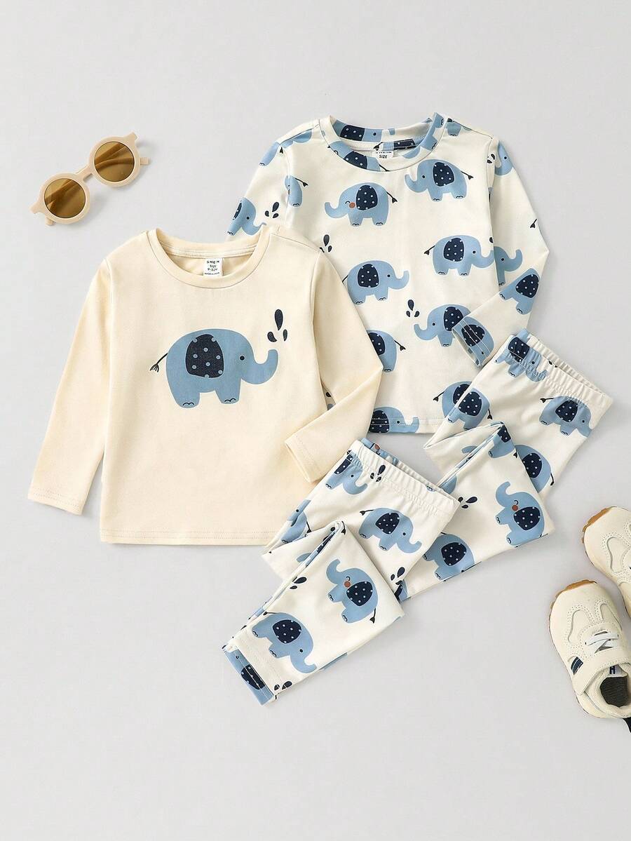 SHEIN Baby Boy Casual Cute Cartoon Elephant Print Tight Fit Long Sleeve Crew Neck Pajama Set, Suitable For Autumn/Winter Baby Boy Clothes Elephants Baby Elephant Outfit Pajama Baby Set Baby Matching Sets Toddler Sets Baby Boy Fall Clothes