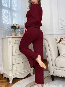 Women's Casual Fleece Long Sleeve Top And Pants Pajama Set, Autumn/Winter Women Two Pieces Sleepwear Burgundy Pajama Set Ribbed Pajama Set Women Lounge Wear Sets Two Pieces Pajama Set Two Pieces Sleepwear Set Sleep Wear Women 2 Pieces Set Pajamas Set Two Pieces, Cozy Outfit, Fall Clothes