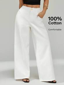 SHEIN PETITE 女士通勤优雅100%纯棉舒适透气秋冬春夏阔腿通勤长裤 - 白色 - 查看 1