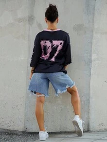 SAYEHFBABY 07 针织蝴蝶结衬衫休闲字母数字图案T恤女款，适合夏季 - 彩色 - 查看 2