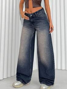 EURMUSE Quần jean ống rộng túi cài nút đa năng thường ngày dành cho nữ - Rửa trung bình - Xem 3