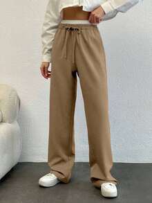 SHEIN Tall Colorblock Wide Leg Pants With Drawstring Wide Leg Sweatpants Flare Sweat Pants Straight Leg Pants Petite Wide Leg Pants, Tall Women - Beige - View 4